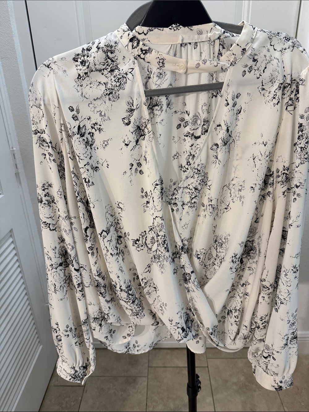 Floral Wrap Blouse - White with Black Floral Print